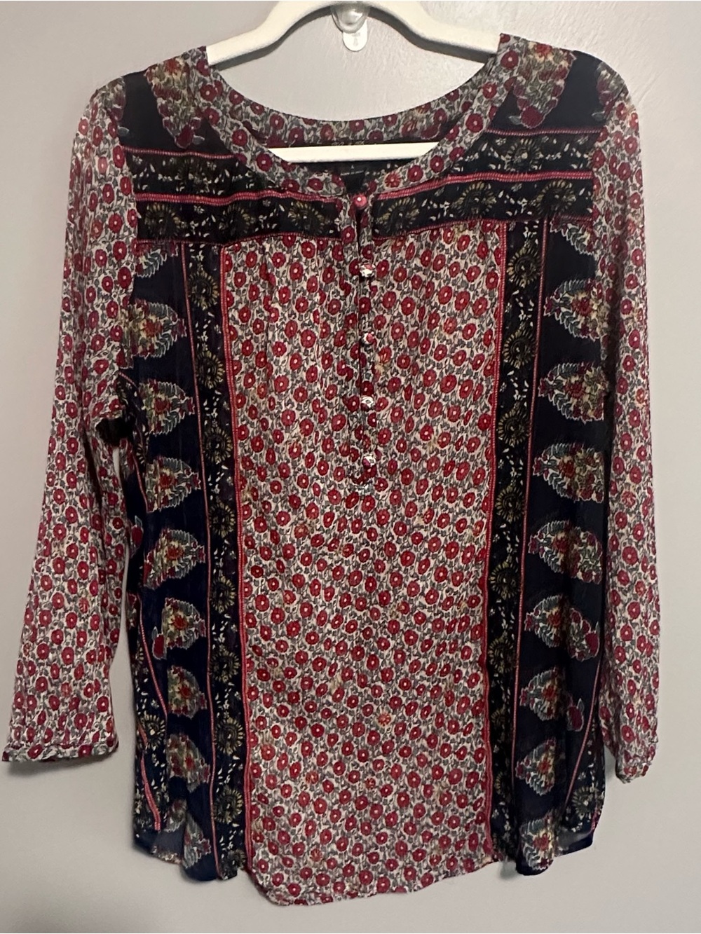 Lucky Brand Women’s Large Boho Floral Patchwork Blouse Red Navy Semi Sheer